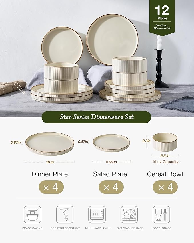 Famiware Star Dinnerware Set Plates and Bowls Sets for 4 (12pcs) Ribbed Stoneware Dishes with Trim - Chip &amp Scratch Resistant Microwave &amp Dishwasher Safe Cream