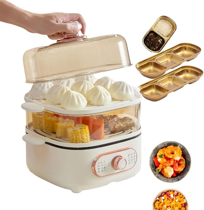 2-in-1 Electric Rice Cookers + Hotpot (With 3 Spice Plates) Double Layer Hot Food Warming Plate with Rotary Switch - One-Key Steaming 2.5l Bottom Pot + 4L Steam Tray