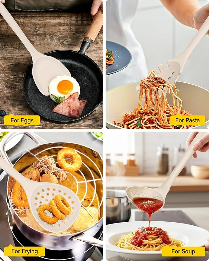 Silicone Cooking Utensils Set 9 Pcs Heat Resistant Kitchen Utensils with Back Hooks BPA Free Kitchen Tools with Spatulas Spoons Skimmer and Pasta Fork for Non Stick Cookware(KHAKI)