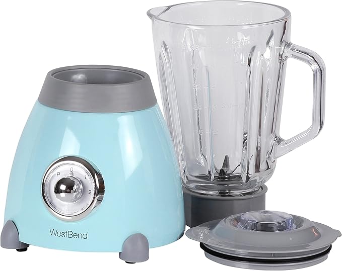 West Bend Blender Retro-Styled 3 Speeds with 48 oz Glass Blending Jar and Stainless Steel Blade 500-Watts Blue