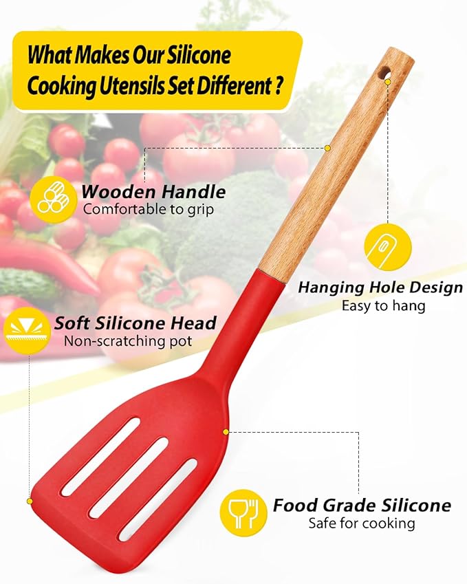 Pack of 4 Silicone Cooking Utensils Set Non Stick Solid Spatulas and Heat Resistant Slotted Spoons with Wooden Handle Ideal Wood Kitchen Utensils Set for FryingServingTurningStirring (RED)