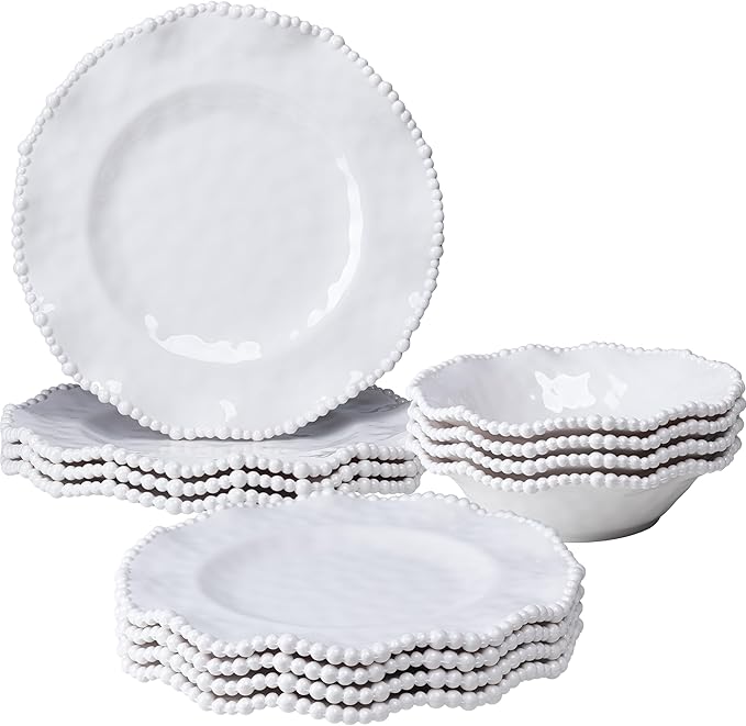 Cream 12pcs Beaded 100% Melamine Dinnerware Set Elegant Scalloped Edge Durable &amp Shatterproof Outdoor Dining SetUnbreakable Plates &amp Bowls Set for Indoor/Outdoor Use Dishwasher Safe