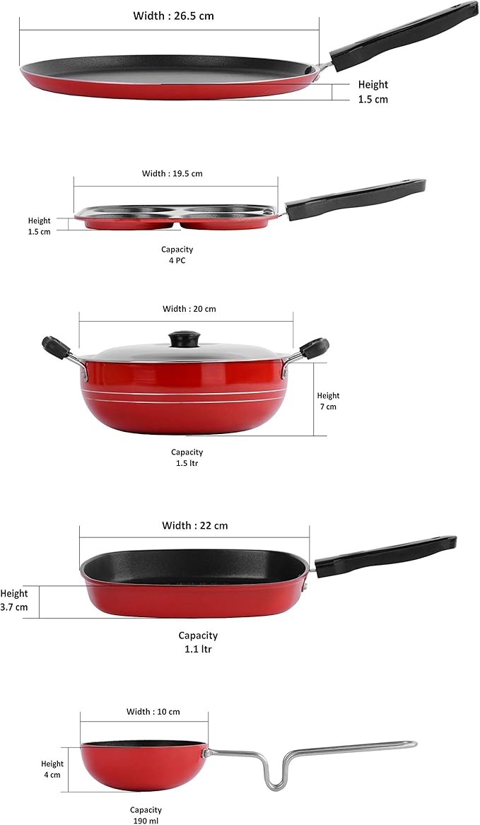Sumeet Aluminium Dosa Tawa Multi Snack Maker Grill Pan And Kadhai With Lid Tadka Pan Cookware Set 1.1 L 1 Dosa Tawa1 Mini Multi Snack Maker1 Kadhai With Lid1 Grill Pan1 Tadka Pan (Red)