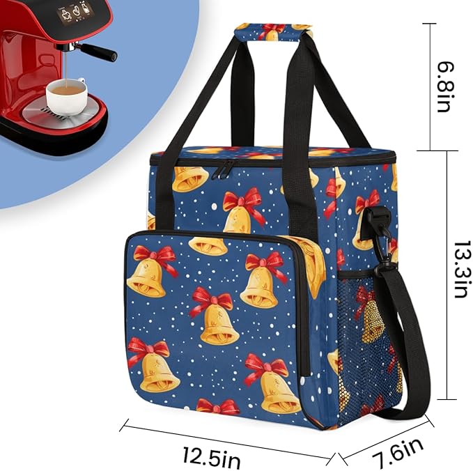 Christmas Bell Coffee Maker Carrying Bag Portable Travel Storage Tote Bag Compatible with K-Mini or K-Mini Plus Single Serve Coffee Brewer Carrying Case with Multiple Pockets &amp Shoulder Strap