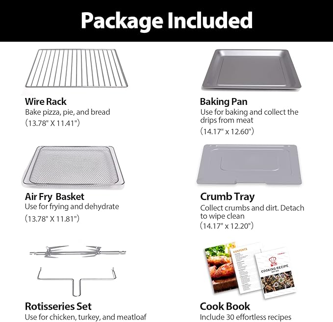 Beelicious 32QT Extra Large Air Fryer 19-In-1 Air Fryer Toaster Oven Combo with Rotisserie and Dehydrator Digital Convection Oven Countertop Airfryer Fit 13 Pizza 6 Accessories 1800w