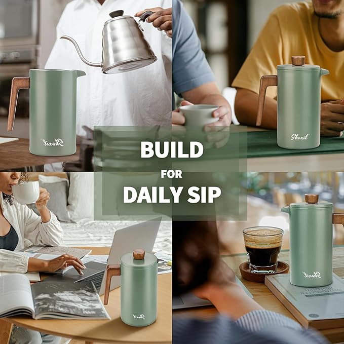 French Press Coffee Maker 34oz Stainless Steel Green Coffee Press Real Wood Handle Double Wall Insulated French Coffee Press with Dual-Filter Screen Perfect for Camping &amp Kitchen Use