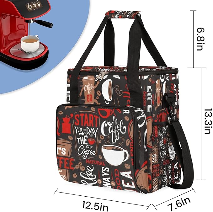 Keurig K-Mini Plus Portable Single Serve Coffee Brewer Case with Pockets for K-cup Pods - Brown and Red Travel Carrying Storage Tote Bag