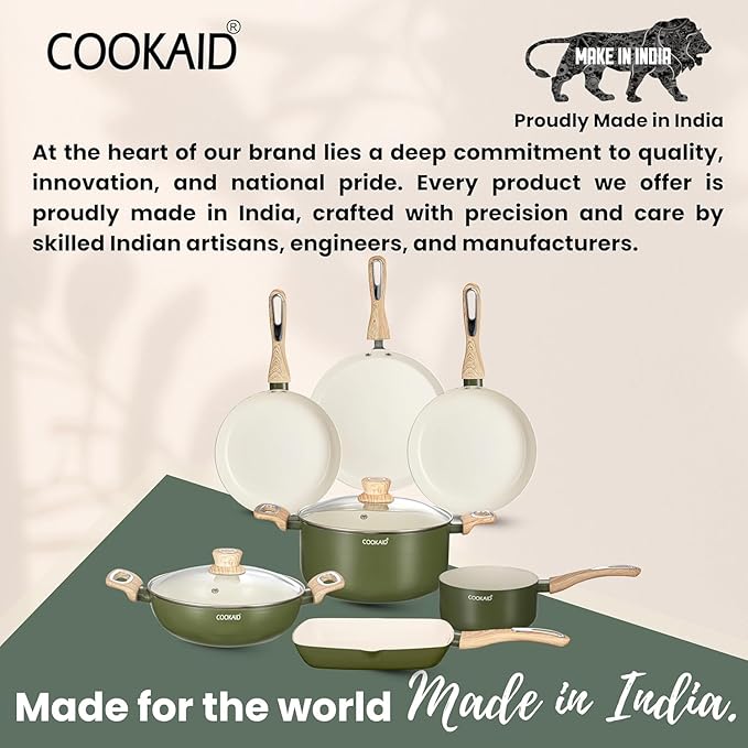 Cook &amp Serve 11 Piece Ceramic Non Stick Cookware Set with Lid Kadhai Fry Pan Dosa Tawa Saucepan Casserole Grill Pan 2 Nylon Tools