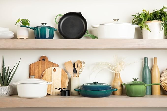 Larder &amp Vine 6-Piece Enameled Cast Iron Pan Cookware Sets Includes 8 Quart and 5.7 Quart Dutch Oven with Lids Braiser/Crock Pot with Lid (White)
