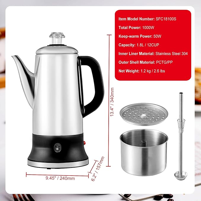 Happybuy 12-Cup Electric Coffee Percolator with Stainless Steel Construction Heat-Resistant Handle Keep Warm Feature Quick Brewing and Easy-Pour Spout Silver