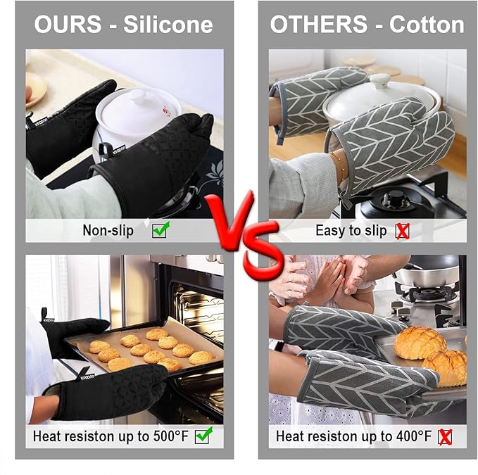 KEGOUU Oven Mitts and Pot Holders 6pcs Set Kitchen Oven Glove High Heat Resistant 500 Degree Extra Long Oven Mitts and Potholder with Non-Slip Silicone Surface for Cooking (Black)