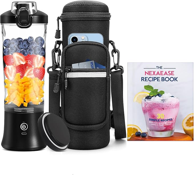 Portable Blender with Insulated Carrying Case &amp Recipe Book-20 OZ USB-C Rechargeable Personal Juicer for Smoothies &amp Protein Drinks Mini Small Blender Cup with 6 Blades for Shakes Travel Lid