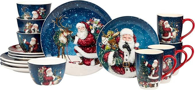 Santa’s Secret 16-Piece Holiday Dinnerware Set Service for 4 – Celebrate the magic of Christmas with Santa reindeer and festive scenes that bring warmth and nostalgia to your holiday table