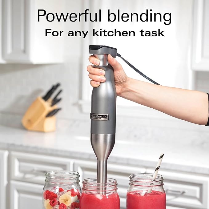 Professional Variable Speed Hand Blender with Ergonomic Soft Grip 225 Watt Motor Extra Long 8-Inch Stainless Steel Blending Shaft Integrated Splash Guard Dishwasher Safe Detachable Parts for Soups