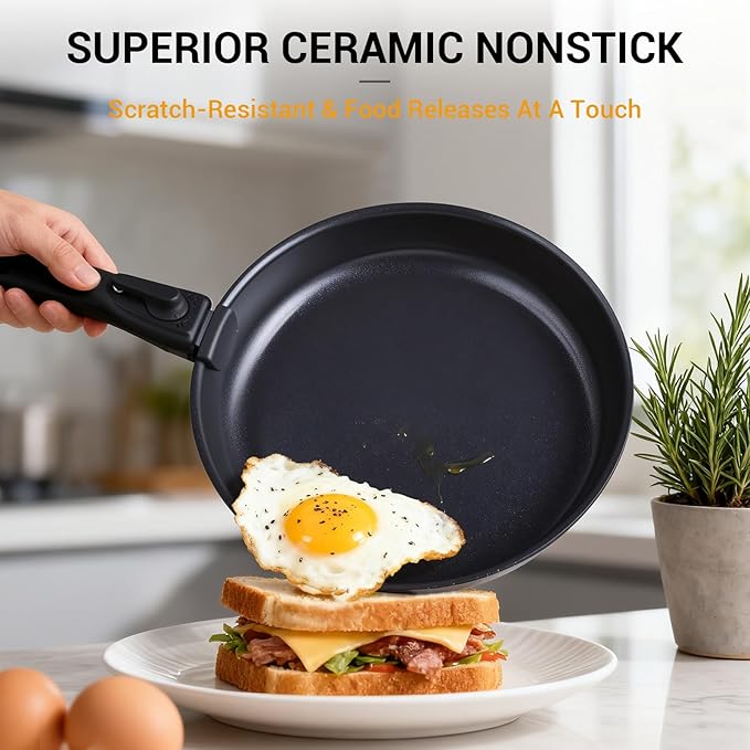Ammeloo 21 Pcs Pots and Pans Set Non Stick with Detachable Handle &amp Grill Pan Induction Ceramic Cookware Set Non Toxic Kitchen Pots and Pans Set for RVsCamping Oven/Dishwasher Safe Black