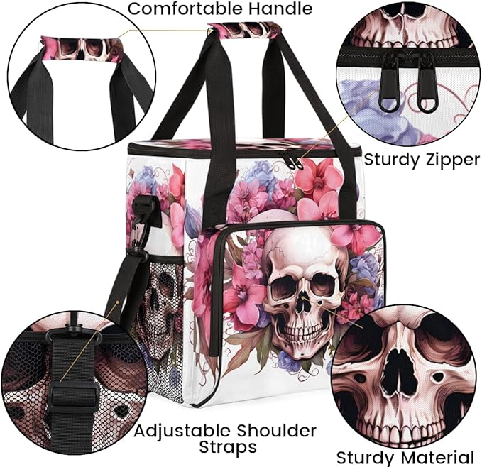 Skull Flower Coffee Maker Carrying Bag Portable Travel Storage Tote Bag Compatible with K-Mini or K-Mini Plus Single Serve Coffee Brewer Carrying Case with Multiple Pockets &amp Shoulder Strap