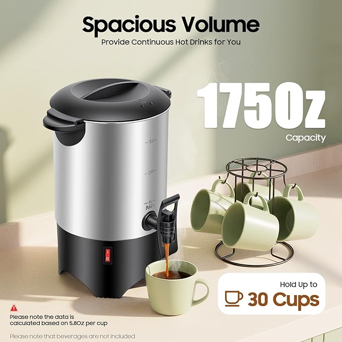5.2L Coffee Urn 30 Cup Coffee Maker 1000W Stainless Steel Electric Coffee Percolator Fast Heating Large Capacity Beverage Dispenser for Parties Offices Events(Silver)