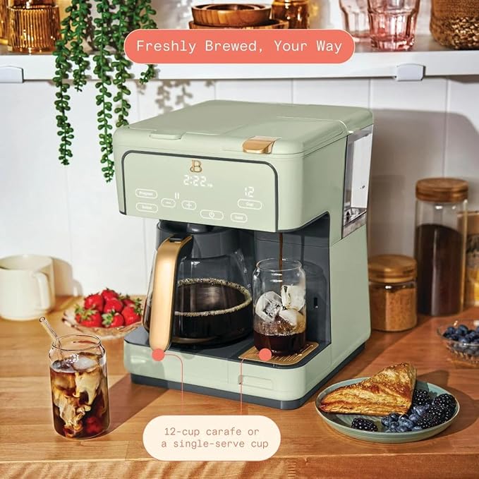 Multi-Brew Coffee Maker – 12-Cup Carafe &amp Single-Serve Pod or Grounds Iced Coffee Mode Programmable Touch Display Includes Filters (Sage Green)
