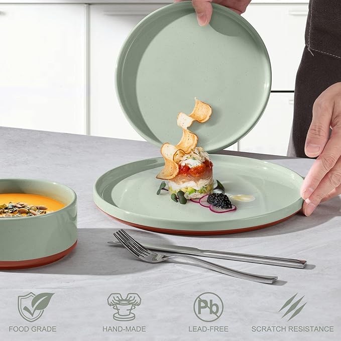 LIANYU 12 Piece Dinnerware Sets for 4 Modern Style Stoneware Dinnerware Set Scratch Resistant Dishwasher Safe Bowl and Plate Sets Ceramic Dish Dinner Set Laurel Green