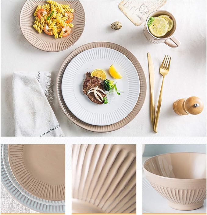 Porcelain Dinnerware Sets Cereals Bowls and Steak Plates Sets | 34 Pieces Vintage Relief Two-Color Ceramics Dinner Combination Set with Mug for Wedding Gifts
