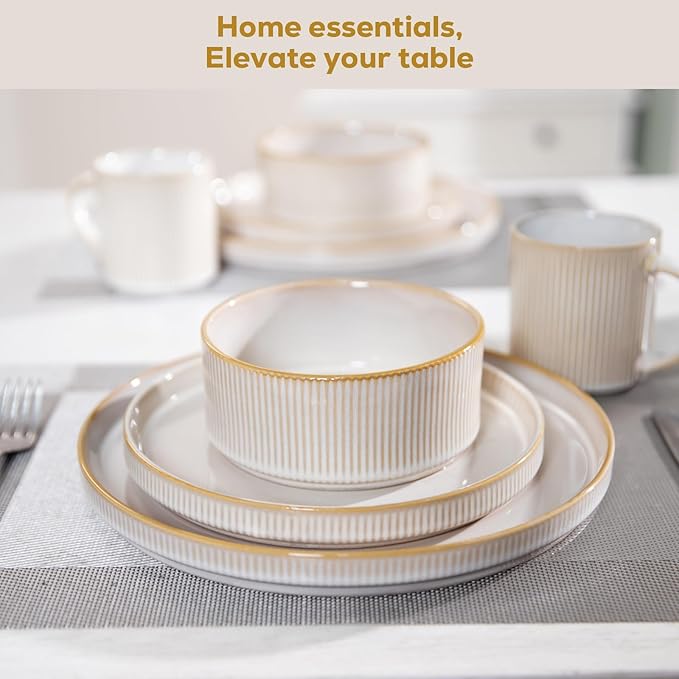 Romswi Dinnerware Set for 8 32Pcs Stoneware Plates and Bowls Sets with Mugs Chip &amp Scratch Resistant Dish Set Handmade Reactive Glaze Plate Set OvenMicrowave and Dishwasher Safe Cappuccino W