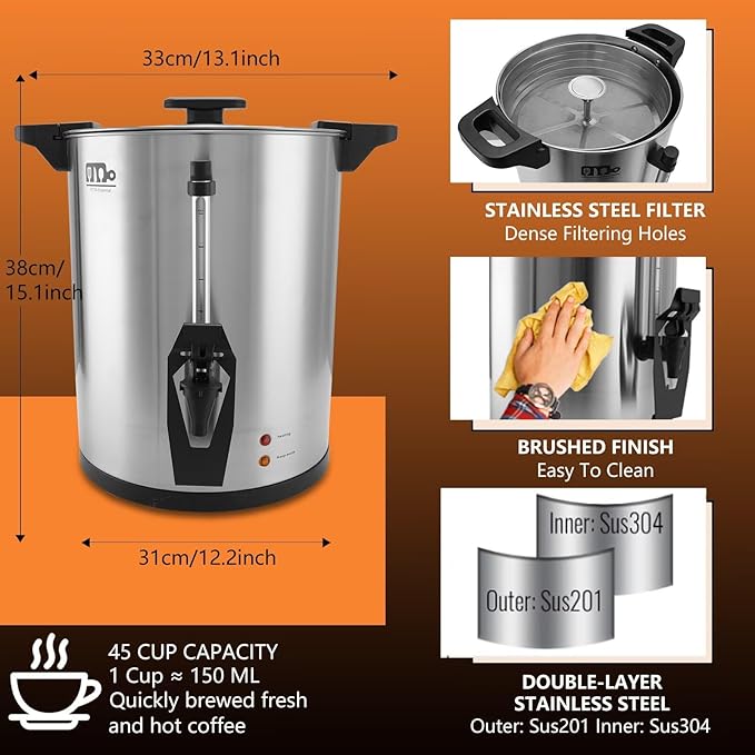 45 Cup 8L/2.11Gallon Commercial Coffee Urn Festa Essential 950W Large Percolate Coffee Maker Hot Beverage dispenser With Double Dripless FaucetQuick-Brewing Hot Water Urn for CateringHomeEvents