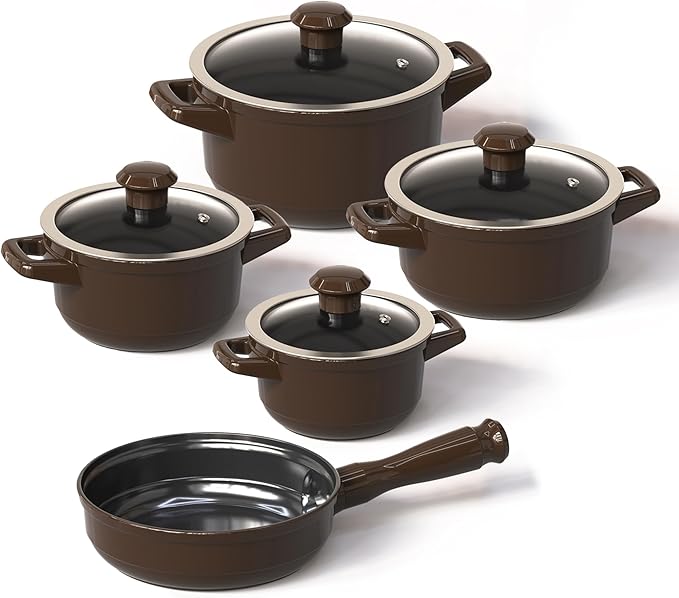 Real Ceramic Non Scratchable Non Toxic Cookware Set - Oven Safe Up to 1200F Stovetop Agnostic Dishwasher Safe Longlasting and Lightweight - PFAS PTFE PFOA PFOS - Cocoa Brown