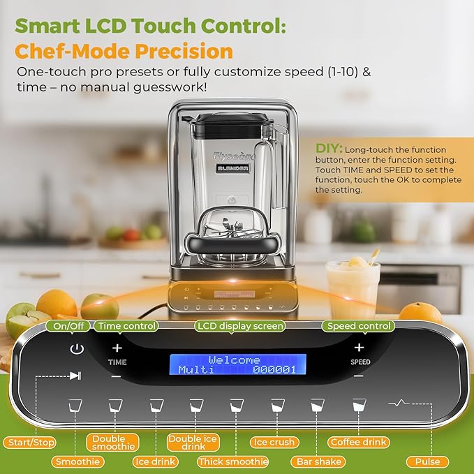 2200W Professional Quiet Blender with LCD Display 1.8L Ice Crushing Jug Commercial-Grade Motor 6-Speed Touch Control &amp Overload Protection for Smoothies Ice Frozen Drinks Silver