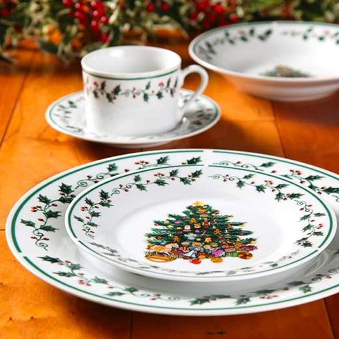 Unknown1 Cozy Christmas Tree Fine Ceramic 20 Piece Decorated Dinnerware Set White Holiday Casual Round Microwave Safe