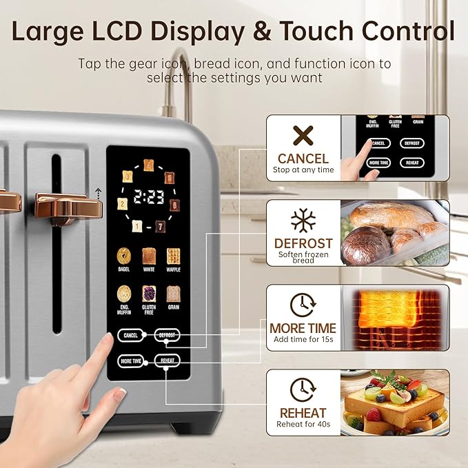 SEEDEEM Toaster 4 Slice Stainless Steel Touch Screen for Dual Control Digital Timer Smart Toaster with 6 Bread Type 7 Shade Setting 1.5''Wide Slot Removable Crumb Tray 1800W Silver Metallic