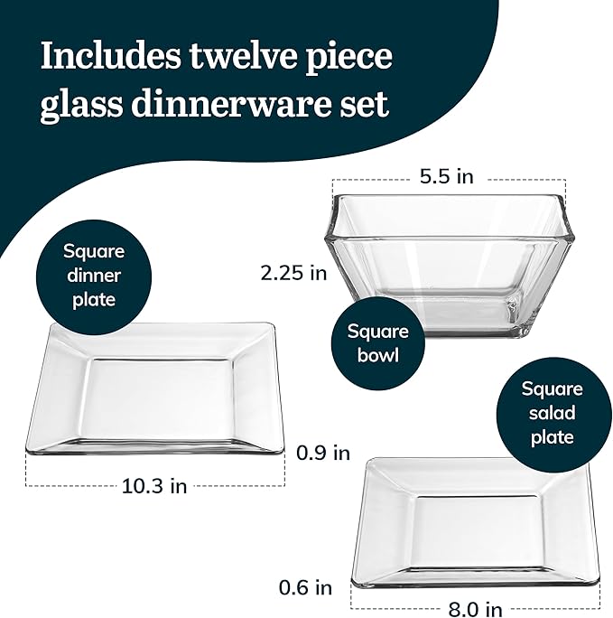 Libbey Tempo Glass Dinnerware Set Sleek Square Clear Glass Plates and Bowls Set of 12 Dishwasher Safe Dinnerware for Parties or Everyday Use