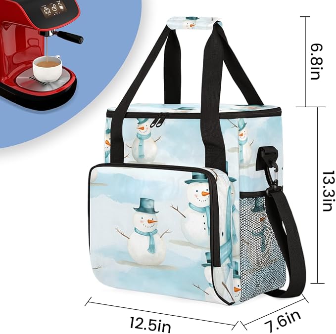 Xmas Snowman Coffee Maker Carrying Bag Fantastic Snowman Travel Storage Bag Compatible with K-Mini or K-Mini Plus Single Serve Coffee Brewer Carrying Case with Multiple Pockets &amp Shoulder Strap