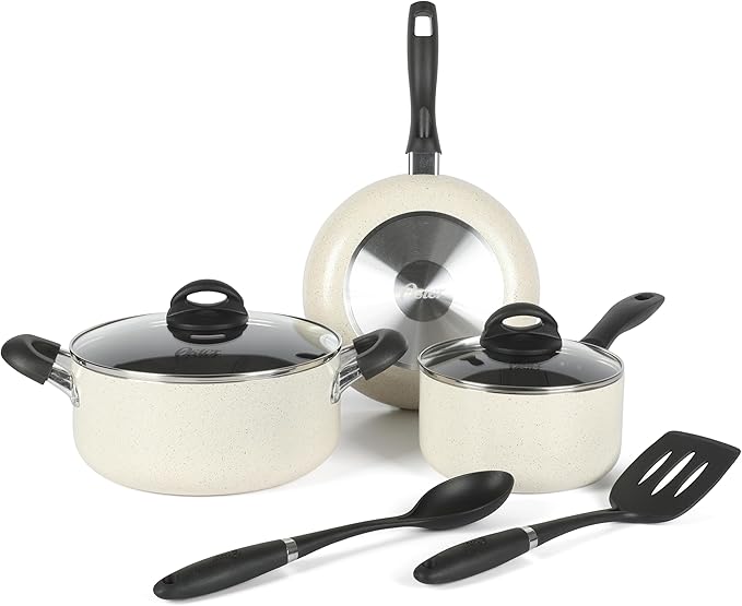 Oster Clairborne 7 Piece Aluminum Premium Nonstick Pots and Pans Cookware Set W/Induction &amp Bakelite Stay Cool Handle - White W/Speckle