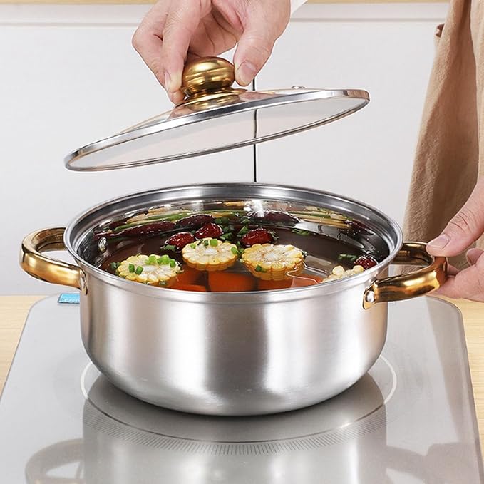 Stainless Steel Pots Pans Set Ergonomic Golden Handle Multifunctional Cookware Set Cooking Pots Glass Lids Kitchen