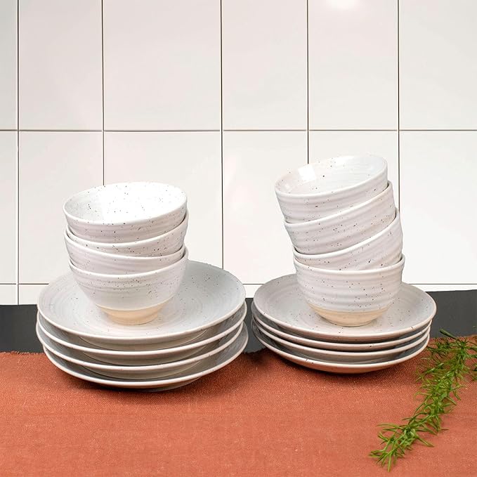 Sango Siterra 16-Piece Rustic White Stoneware Dinnerware Set – Service for 4 White with Glossy Speckle Overlay for Everyday Dining &amp Entertainment Microwave &amp Dishwasher Safe