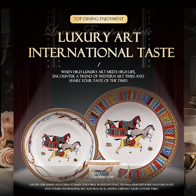 European Style Dinnerware Set Service for 6 Bone China Dinnerware Sets Unbreakable Porcelain Dinner Sets Coffee Cup and Saucer Tableware Set Steak Dinner Plates Dish Set horse-04
