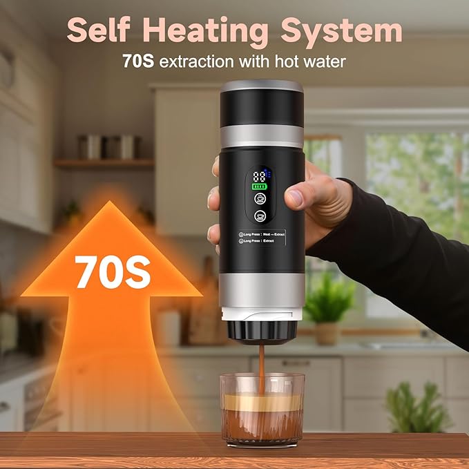 Portable Espresso Machine with Removeable Battery 20 bar Mini Travel Coffee maker Expresso Coffee Maker with USB-C3-in-1 Car Coffee Maker Self-Heating Ground Coffee &amp Capsule(Ns&ampDG)