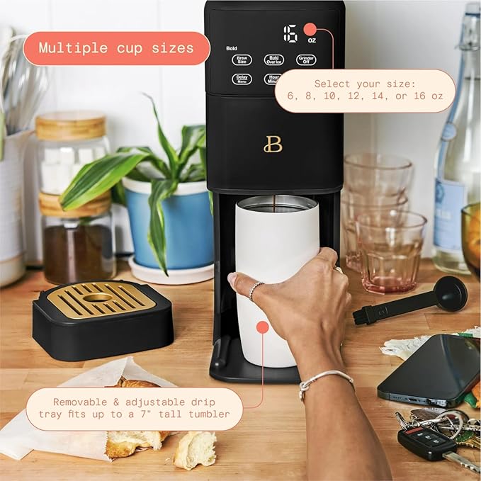 B - Perfect Grind Programmable Single-Serve Coffee Maker with Built-In Grinder Fresh Ground Brewing Touch Controls Reusable Filter Compact Countertop Design (Black Sesame)