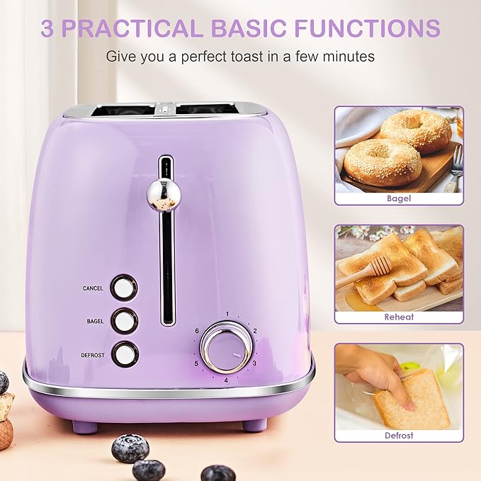 Roter Mond 2 Slice Toaster Retro Stainless Steel with Bagel Cancel and Defrost Functions 6 Bread Shade Settings Extra Wide Slots and Removable Crumb Tray Lavender-Purple
