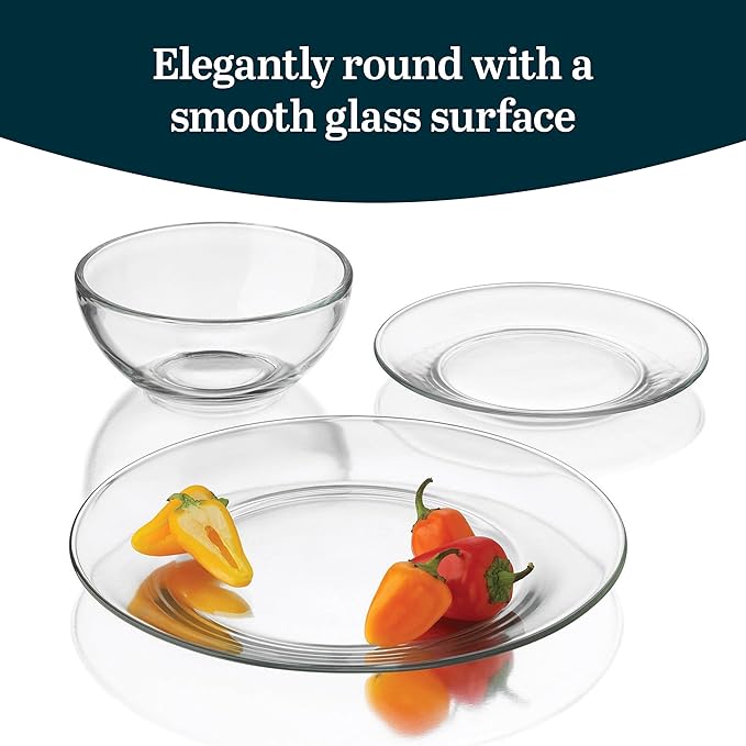 Libbey Round 12 Piece Glass Dinnerware Set Stackable Glass Plate and Bowl Set w/Round Shape Modern Plates and Bowls Sets for Gatherings and Everyday Use