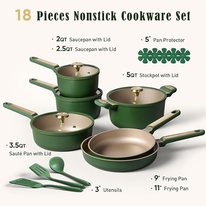 CAROTE Pots and Pans Set 18pcs Non stick Cookware Set Induction Ready Cooking Set Non-toxic Green