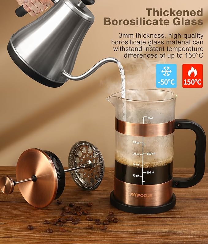 French Press Coffee Maker - 34 Ounce Classice Stainless Steel Coffee Press with 4-Level Filtration System Heat Resistant Thickness Borosilicate Glass French Press Coffee Pot for Camping Travel Gift