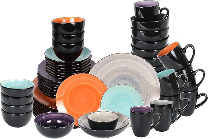 Stoneware Sonoma 56pc Dinnerware Set Black + Speckled Spin Wash Mixed Colors of Purple Turquoise Orange and Grey