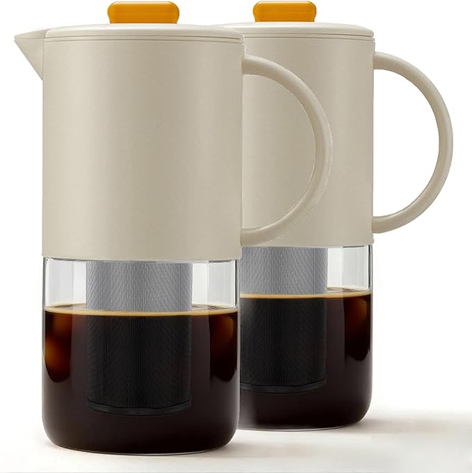 Delove Cold Brew Coffee Maker with Auto Spout – Shatterproof Plastic Shell Wide Mouth Design – 62 oz (1.9 Quart) Iced Tea Glass Carafe with Removable Removable Mesh Filter (2 Beige)