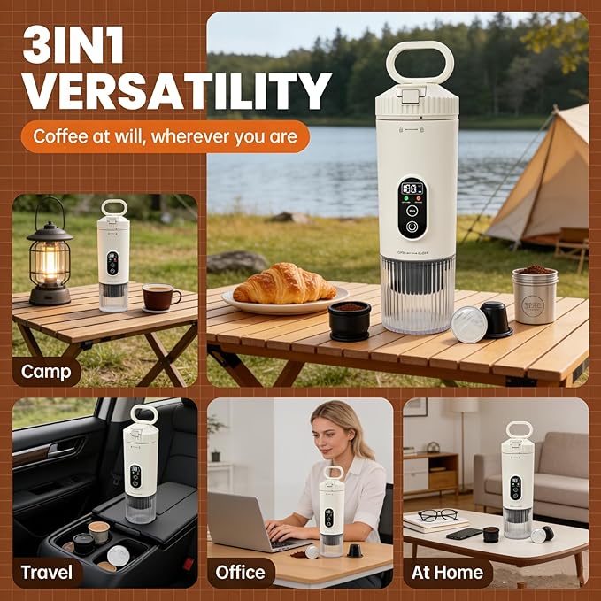 Travel Espresso Maker Portable Coffee Machine Rechargeable Coffee Maker with 21Bar &amp 7800mAh Battery Self-Heating for Hot/Cold Brew Real-Time Display Cordless for Travel Camping Office (white