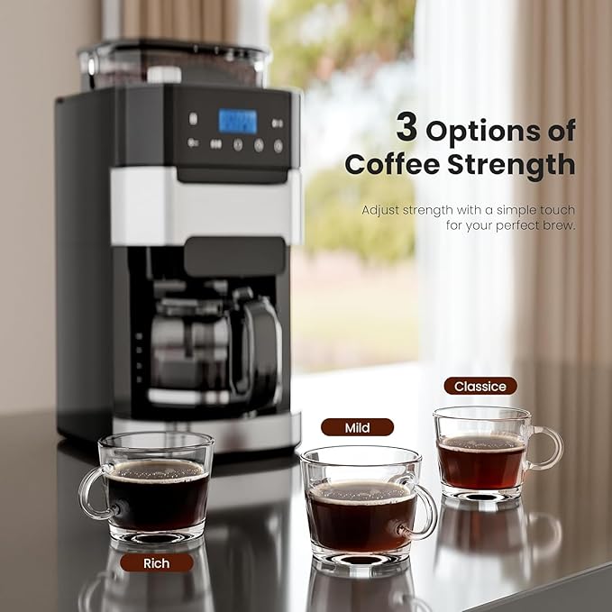 10-Cup Drip Coffee Maker with Built-in Grinder Programmable Grind &amp Brew Combo Coffee Machines with LED Touchscreen 24H Timer 2-Hour Warm Plate Black