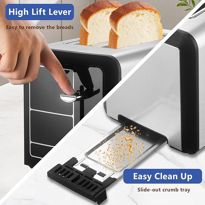 2 Slice Touch Screen Toaster 1.3 Wide Slots Smart Digital Display Toaster with 6 Browning Levels &amp 6 Bread Types Memory Defrost Reheat Stainless Steel 800W