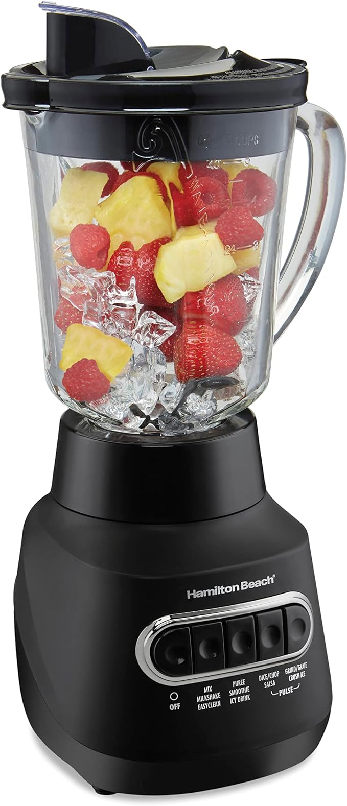 Hamilton Beach Wave Action Blender for Smoothies Stainless Steel Ice Sabre Blades 40oz Glass Jar 800 Watts Quiet Design Black (58175)