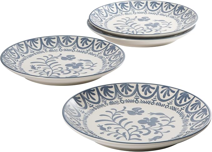 Bloomhouse - 2-Time Oprah’s Favorite Things - Valencia Flor 4 Piece 10.75” Dinner Plate Set Stoneware Plates Mediterranean Floral Decal Design Microwave &amp Dishwasher Safe Iris Blue