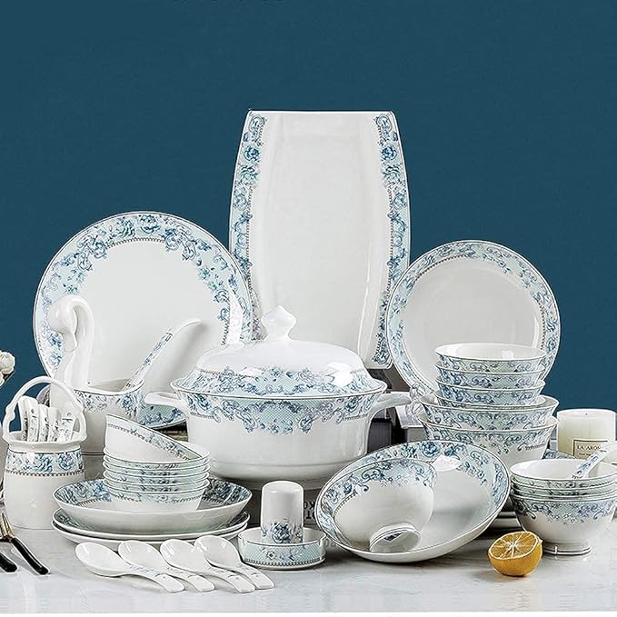 65 pcs Dinnerware Set Serves for 10 People Line Drawing Decoration Bone China Tableware SetPremium Quality Porcelain Dishes/Plate/BowlDishwasher &amp Microwave SafeBlue (60pcs Serves for 10 Peopl